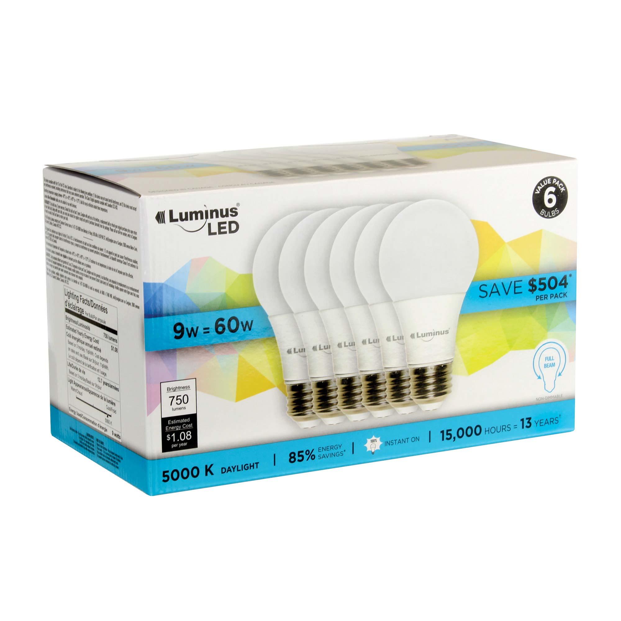 A19 9W 5000K Non-Dimmable LED Bulb-6/Pack