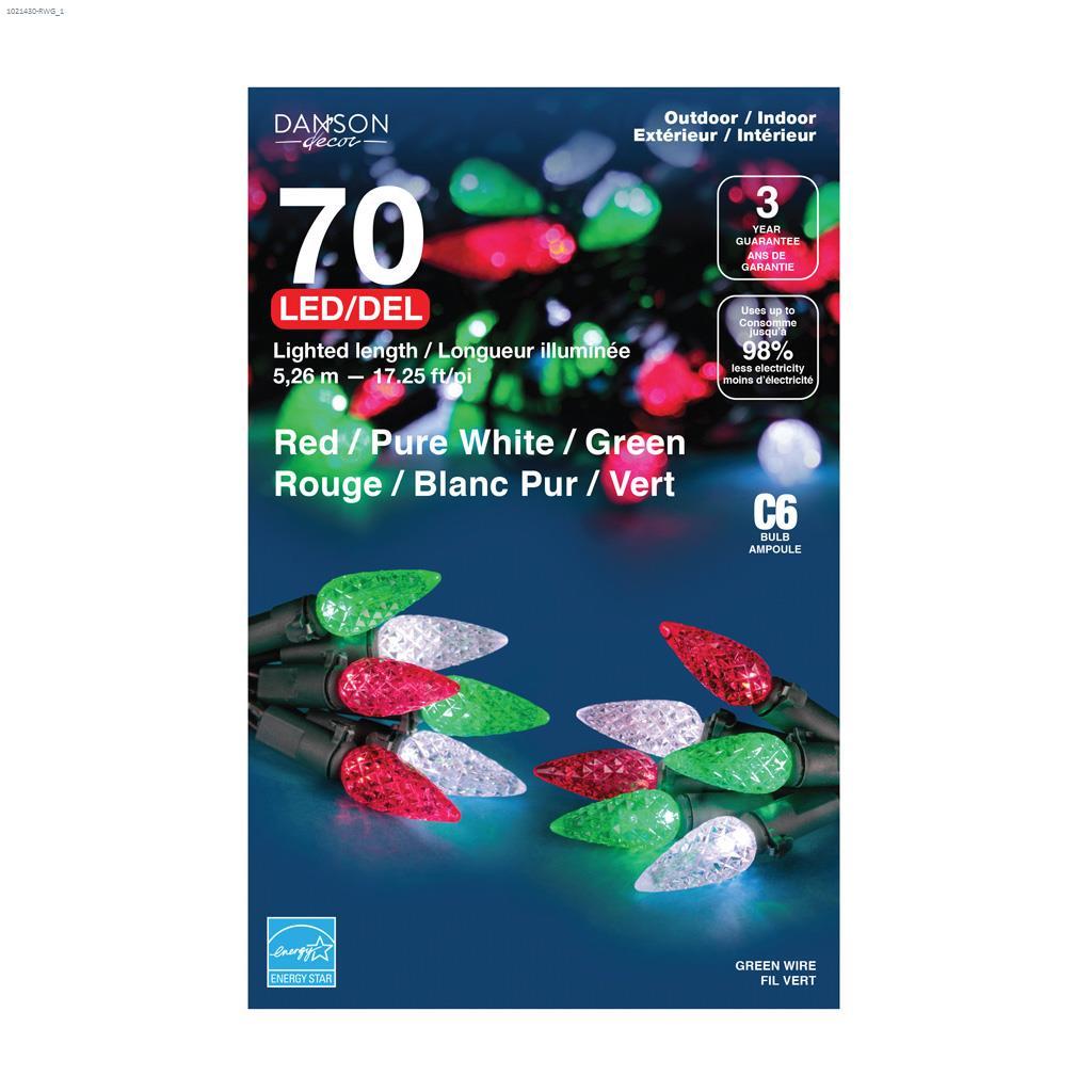 C6 LED String Lights with 70 Red, Pure White & Green Lights