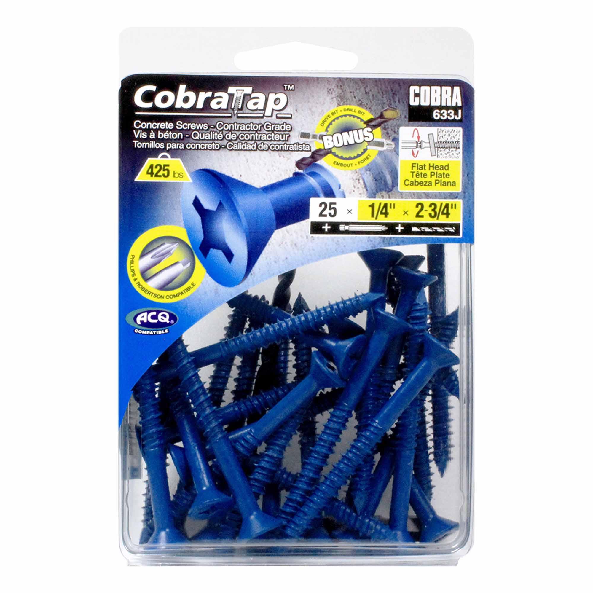 Concrete Screw Flat Head 1/4" x 2-3/4'' + Drill Bit/Driver