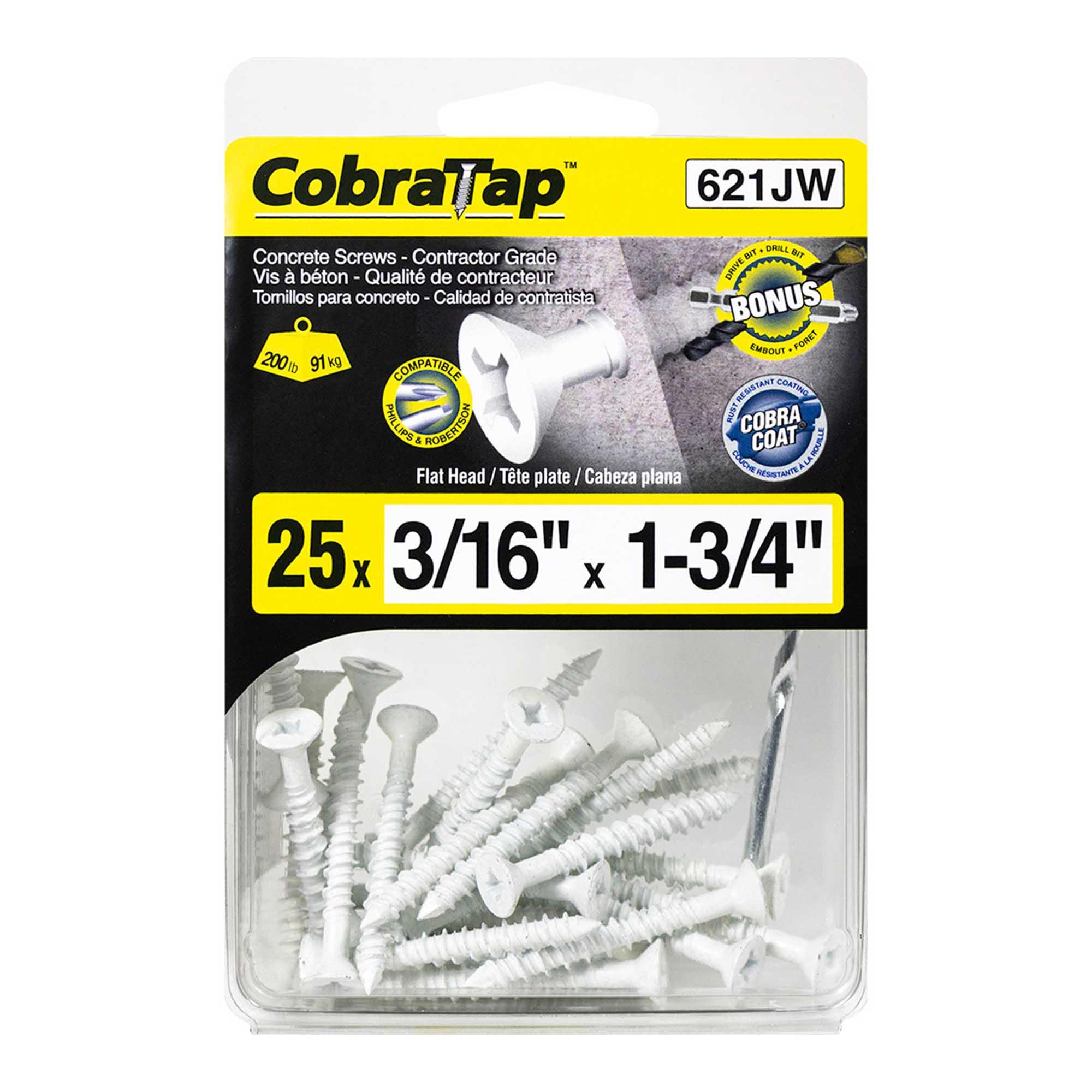 Concrete Screw Flat Head 3/16" x 1-3/4" + Drill Bit/Driver
