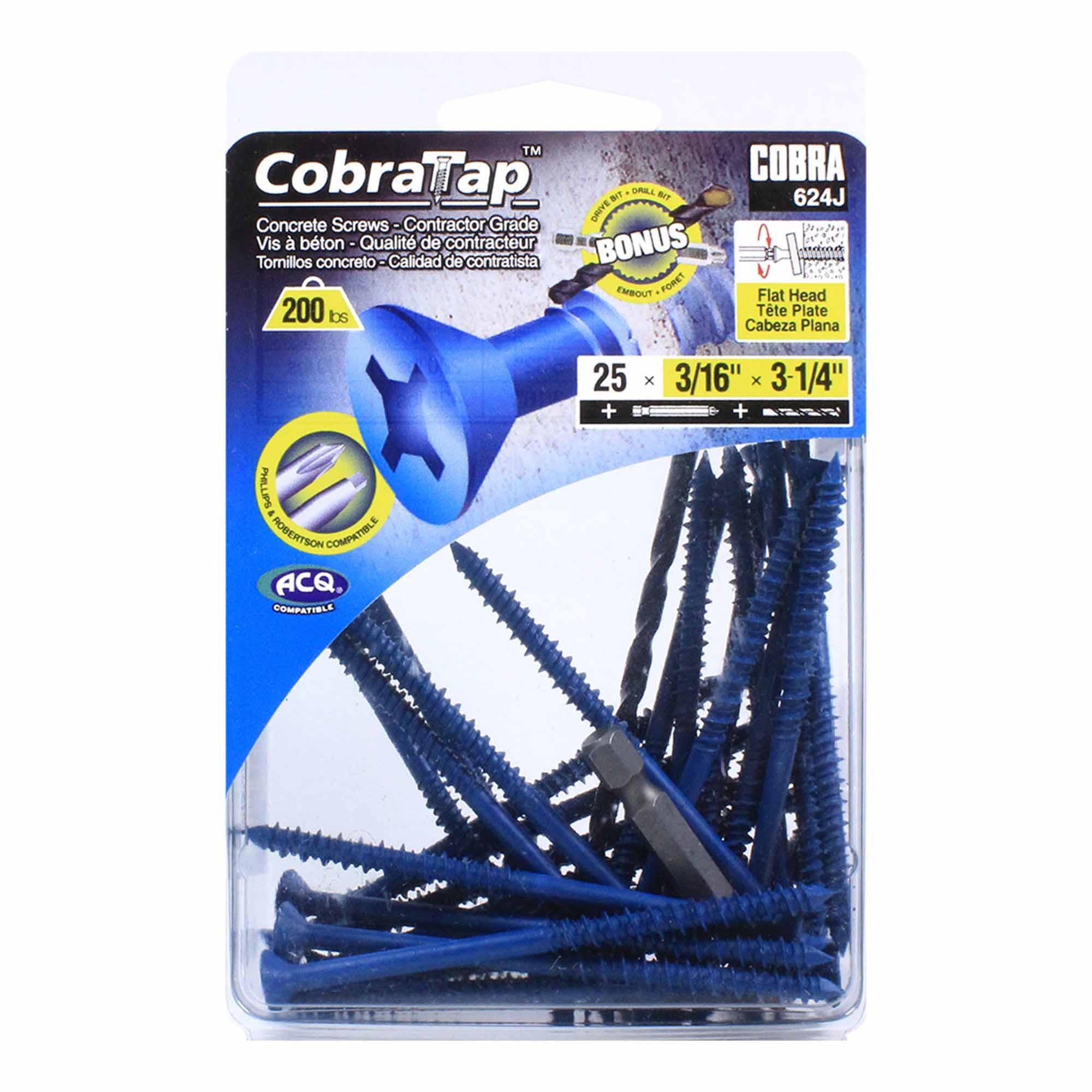 Concrete Screw Flat Head 3/16" x 3-1/4" + Drill Bit/Driver