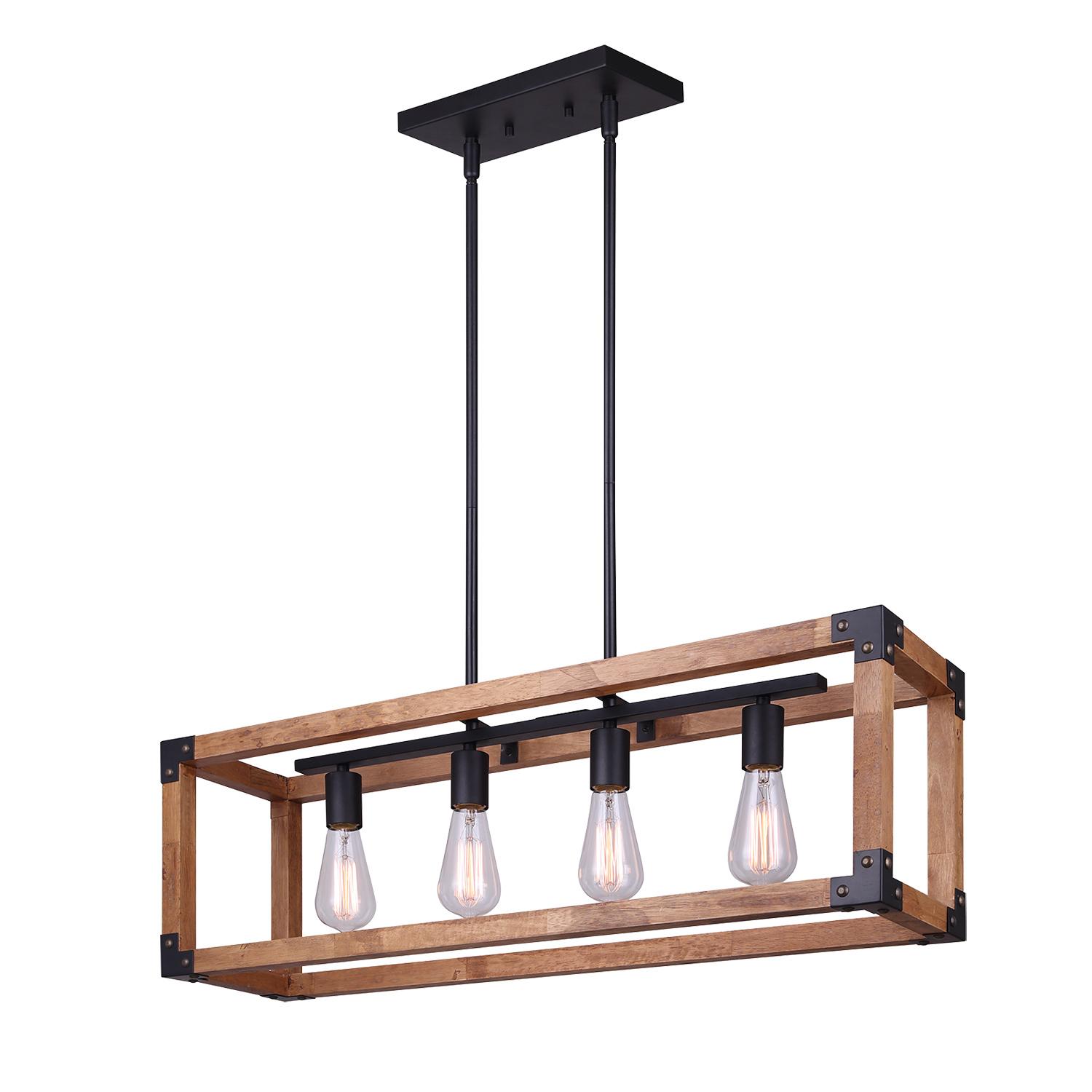 Lustre à tige 4 lumières Moss, noir mat et vrai bois