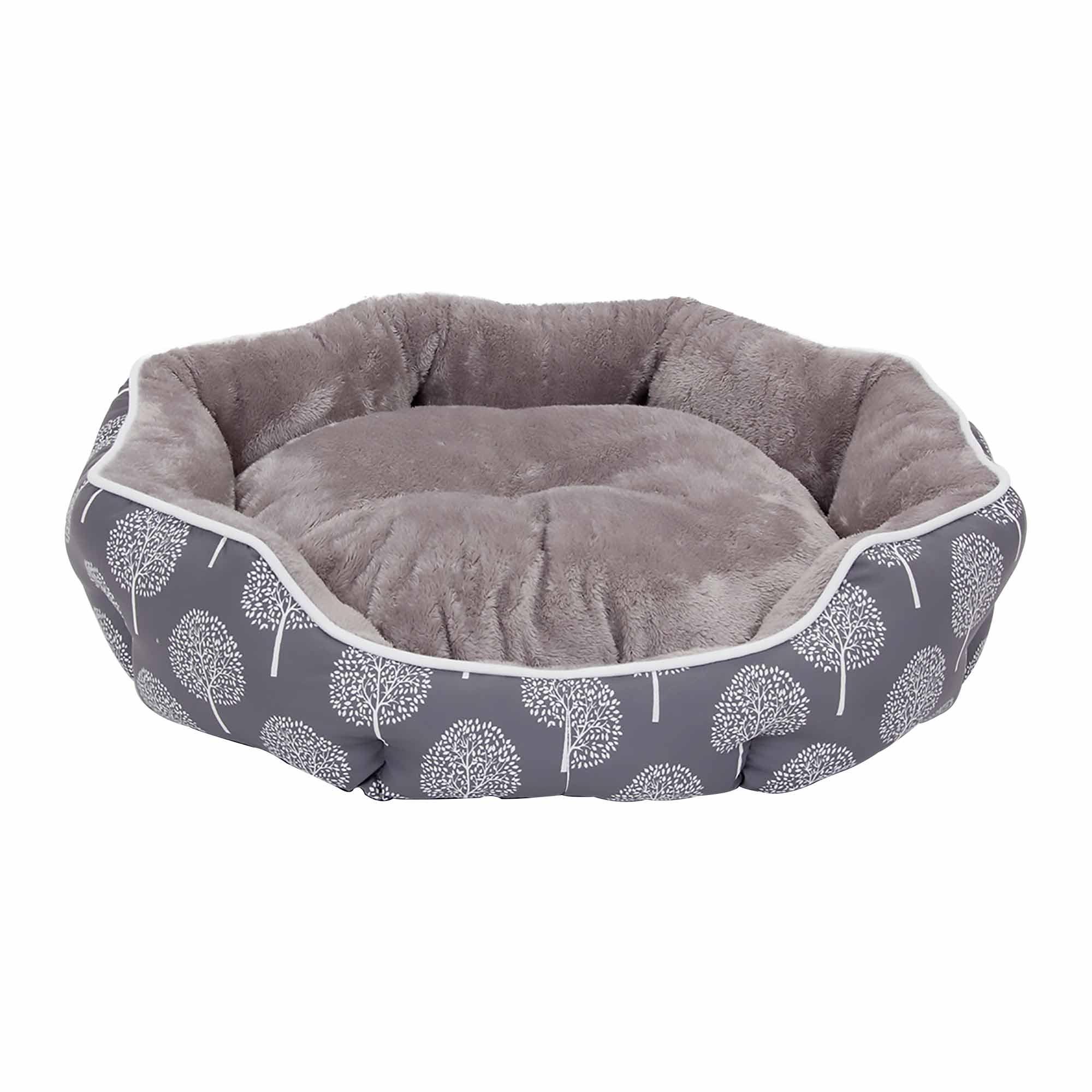 Round Grey Pet Bed with White Tree Print