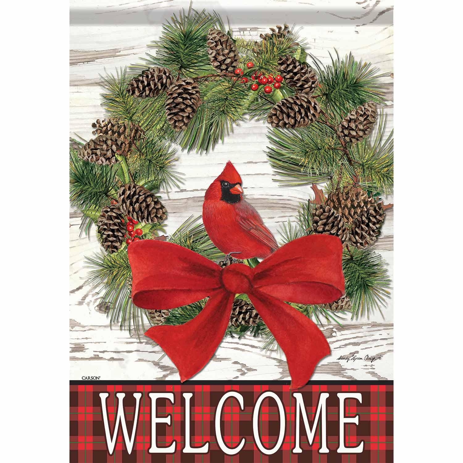 Winter Garden Flag Welcome Cardinal Pinecone Wreath