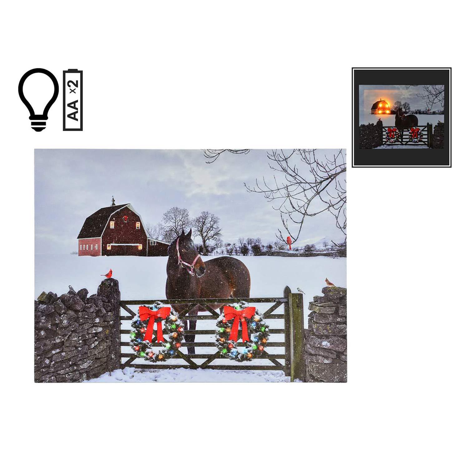 16" x 12" Christmas Horse by Fence LED Canvas