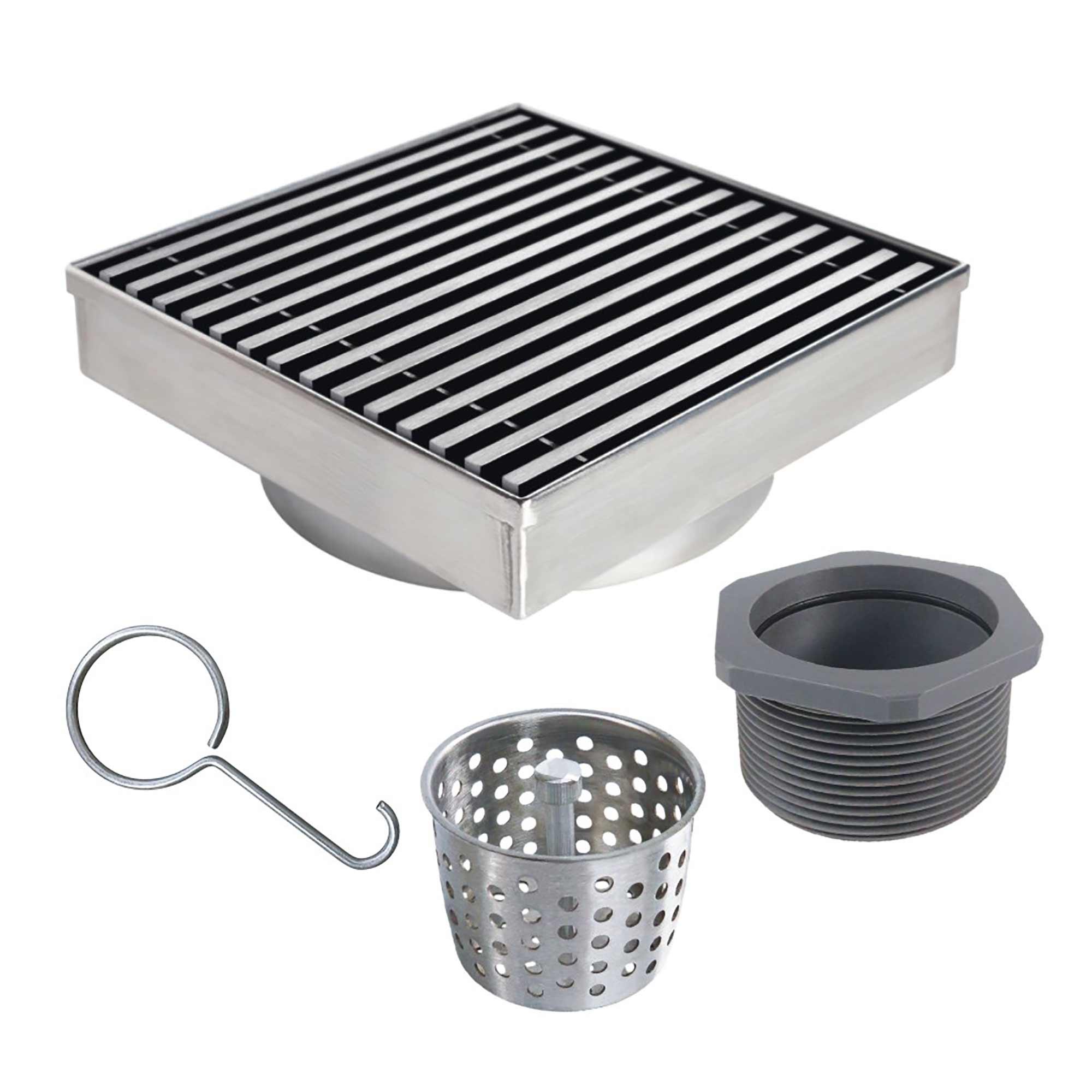 Shower Drain 4"x4" With Linear Grate In Stainless Steel