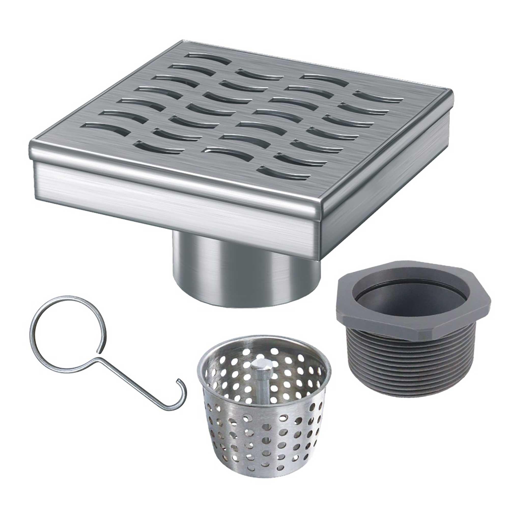 Shower Drain 4"x4" With Wave Grate In Stainless Steel
