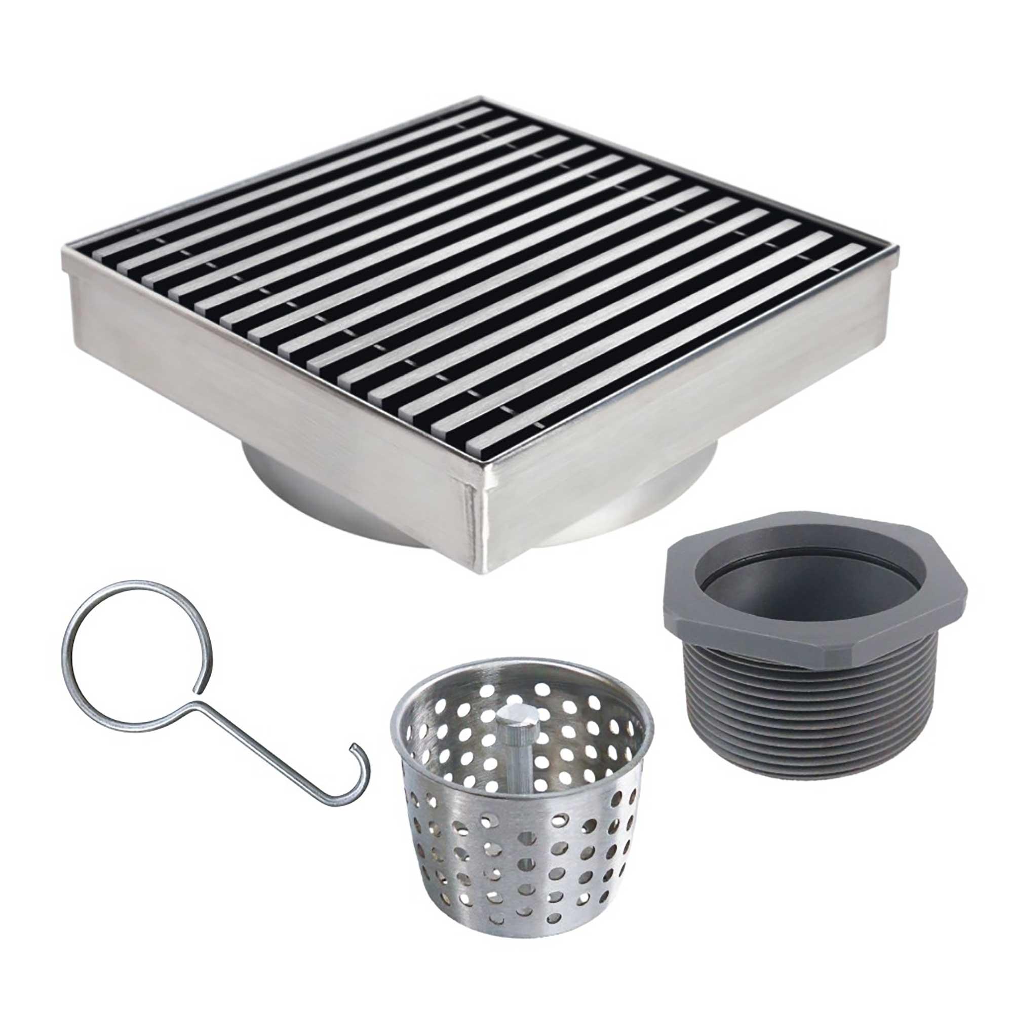Shower Drain 6"x6" With Linear Grate In Stainless Steel