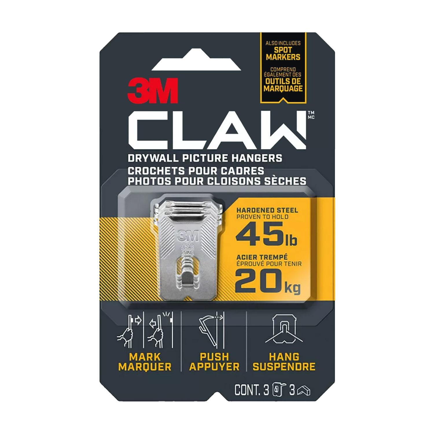 CLAW Drywall Picture Hanger 45 lb 3 hangers, 3 markers