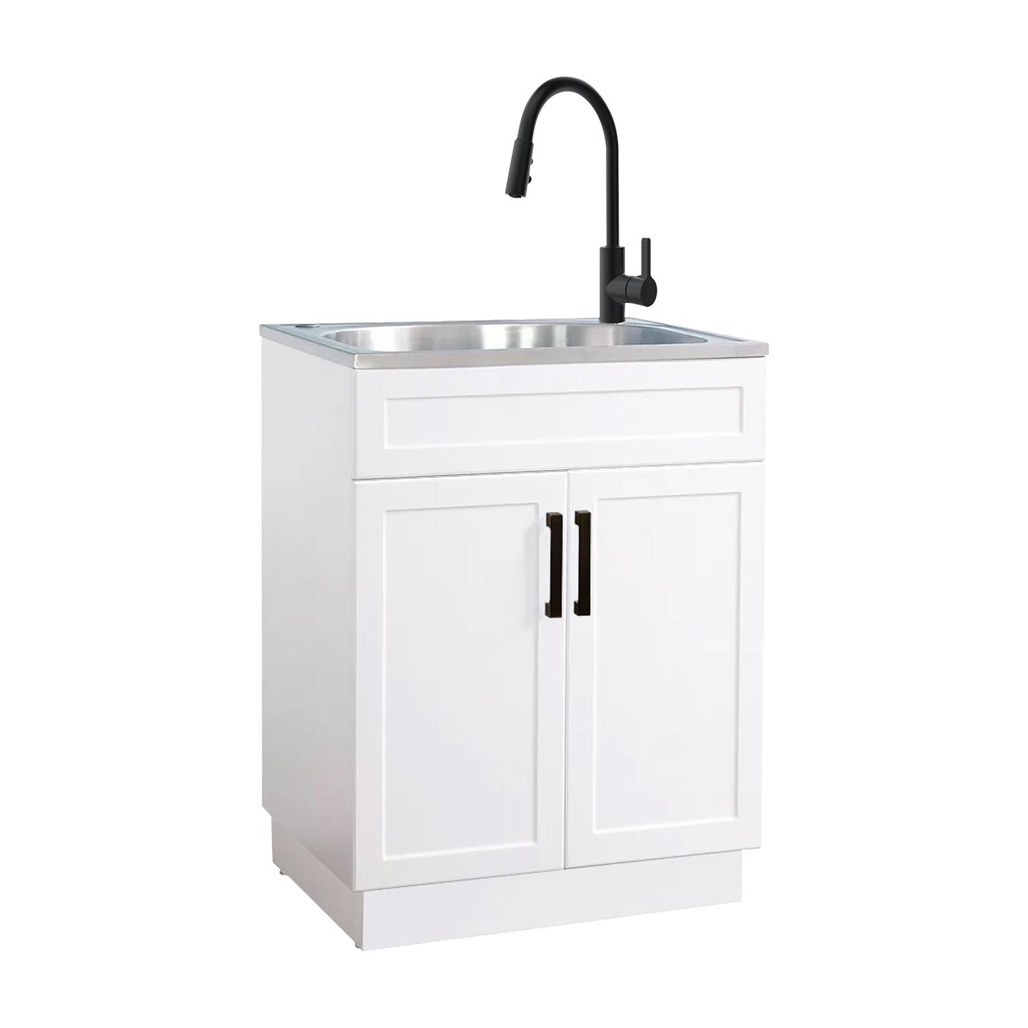 25" White Finistere Laundry Cabinet with Matte Black Faucet