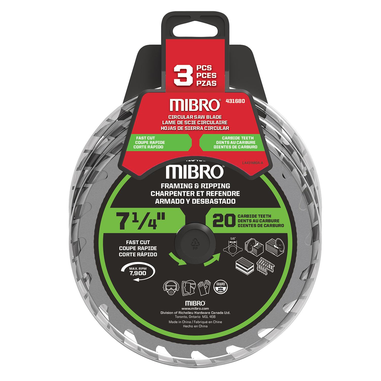 Lame de scie circulaire 7 1/4 po x 20T, ensemble 3/pqt