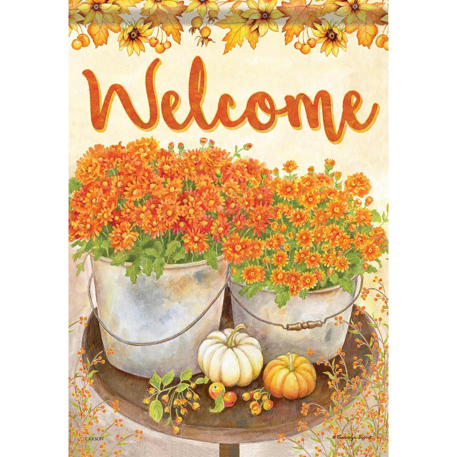 Fall Garden Flag Mums And Pumpkins