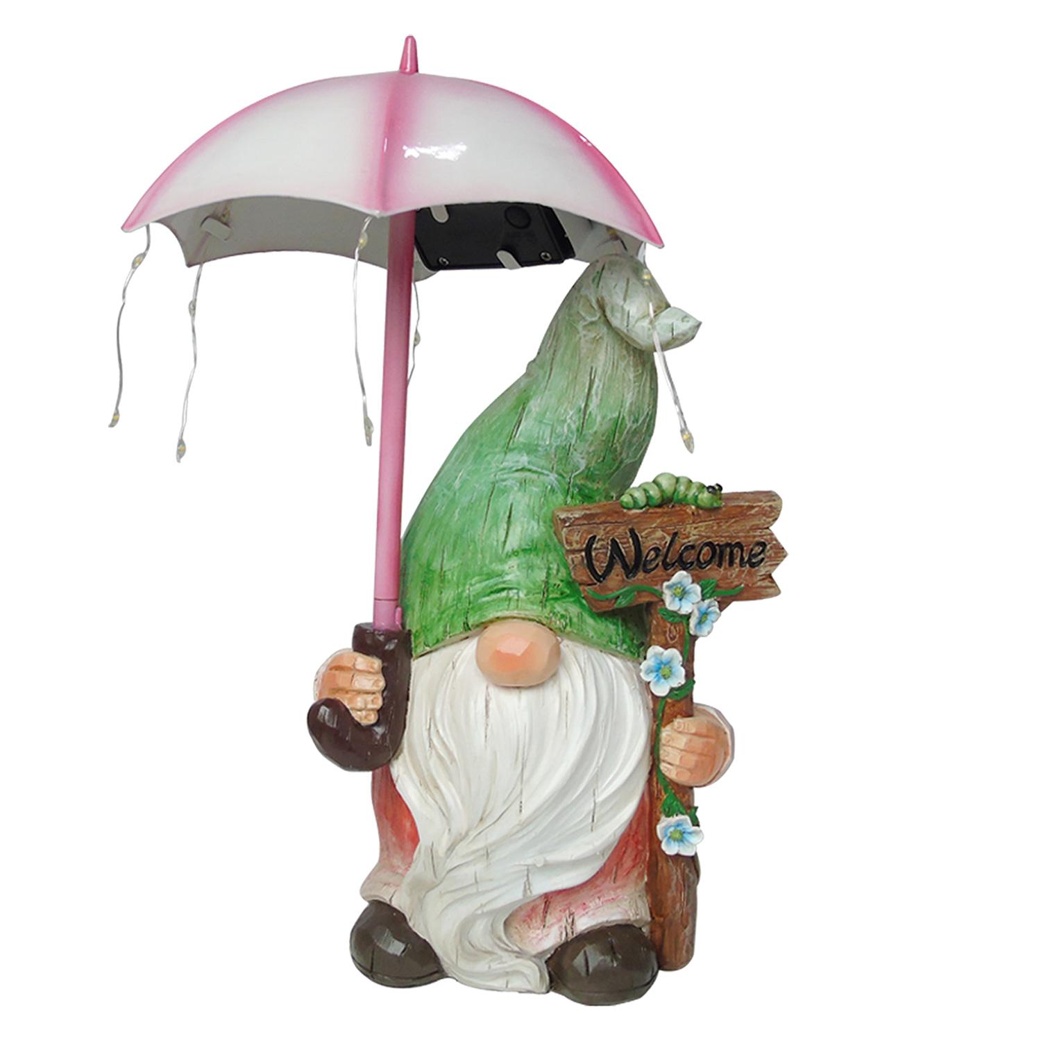 12" Gnome With Light-Up Umbrella Statue