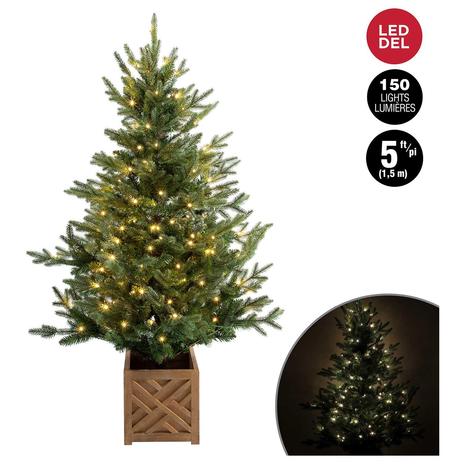 Porch Tree in Wood Pot with 150 Warm White LEDs 5'