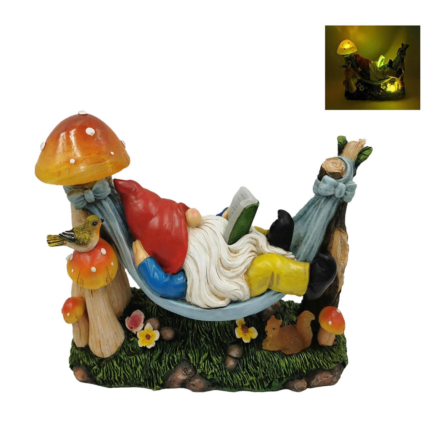 Gnome In Hammock Reading With Lights