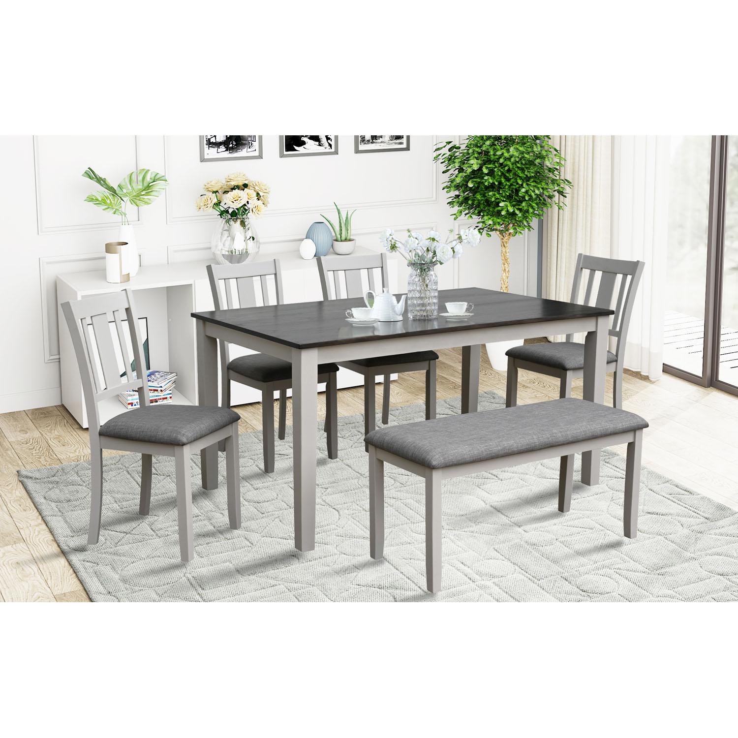 6 Piece Top Dining Table With 4 Seats And Bench- Cream/Brown