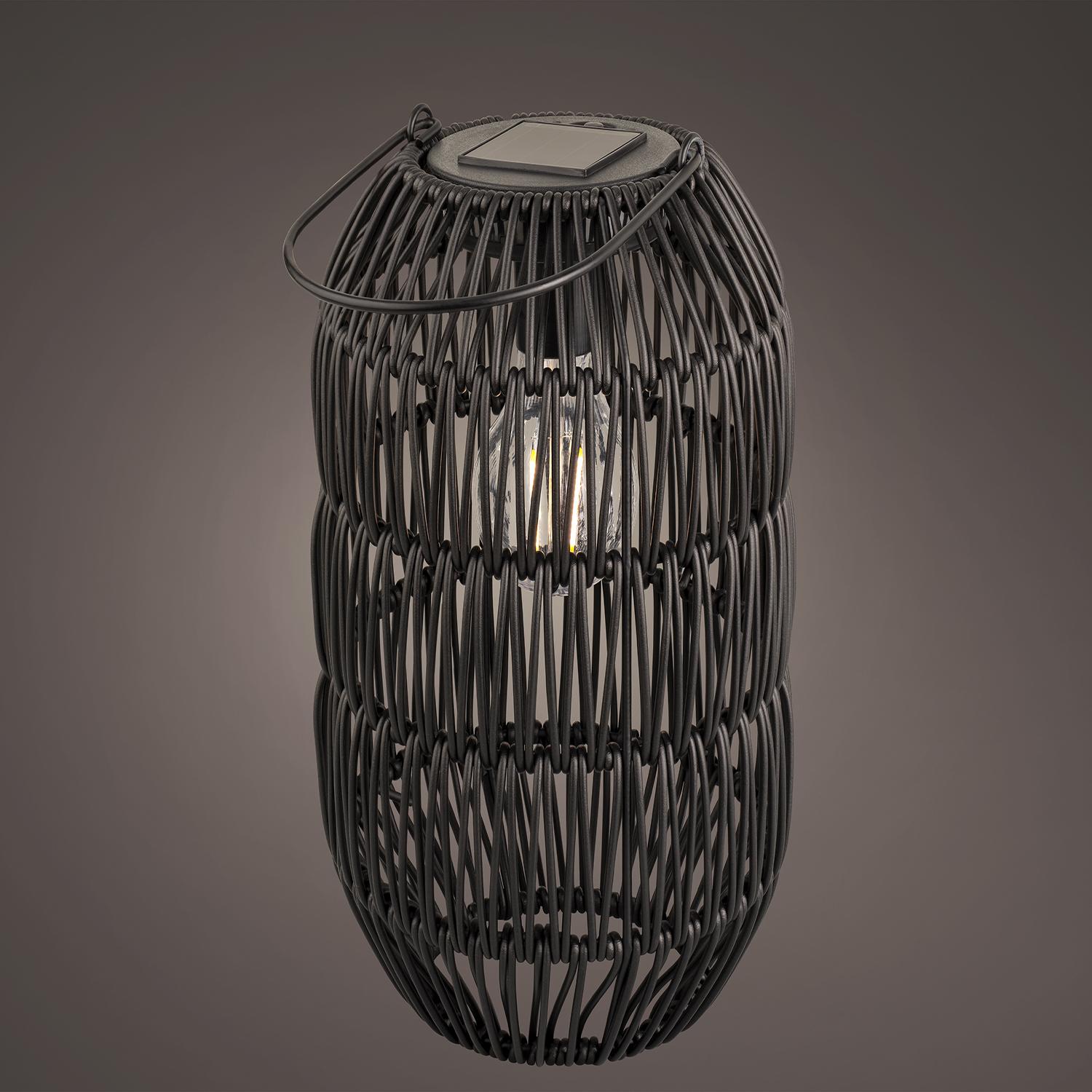 Lantern Black Poly Rattan with Solar Bulb 9.5"