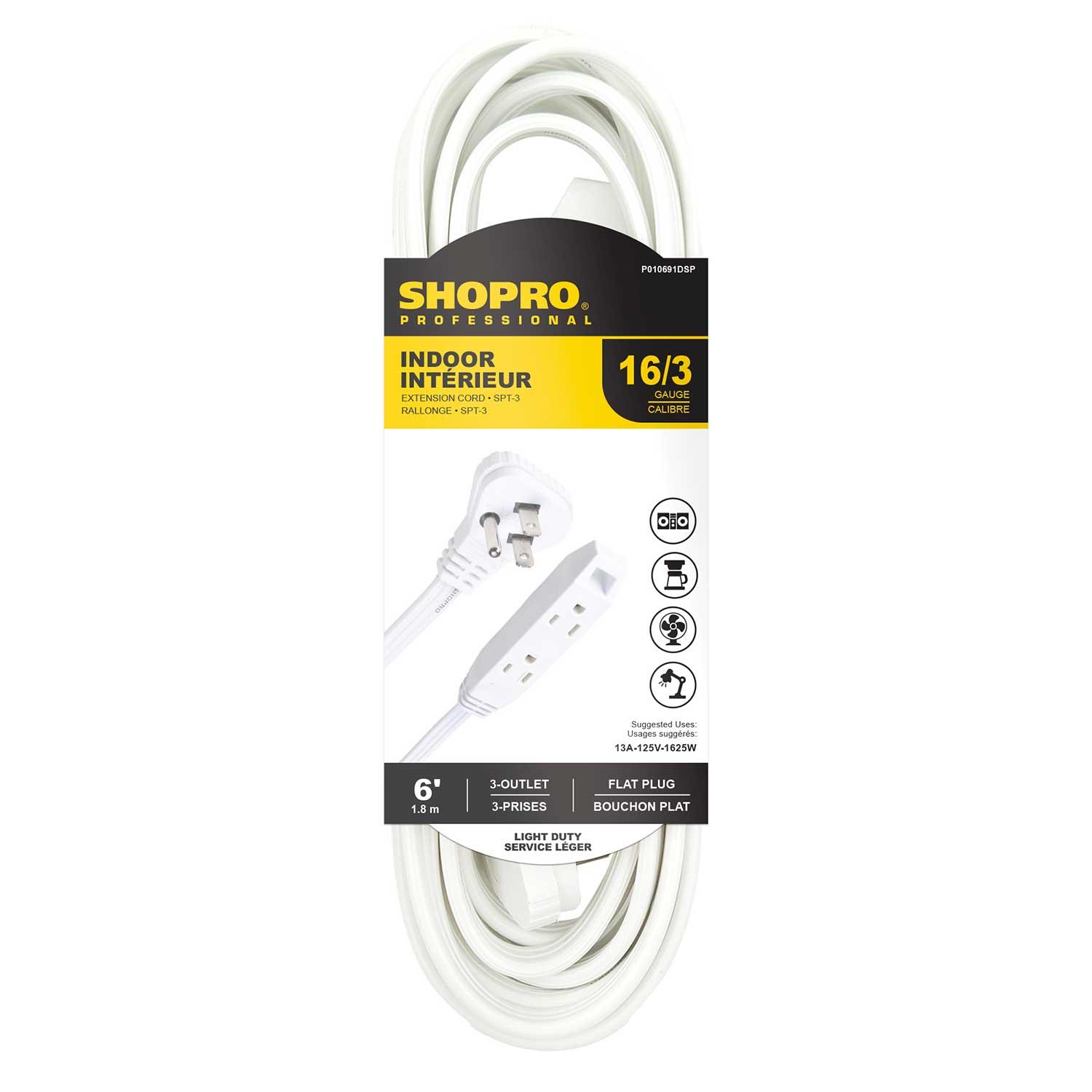 16/3 3-Outlet Flat Plug 6' Indoor Extension Cord White