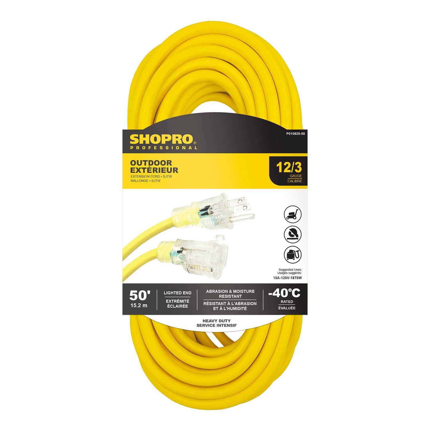 12/3 SJTW 50' Lit End Outdoor Extension Cord Yellow
