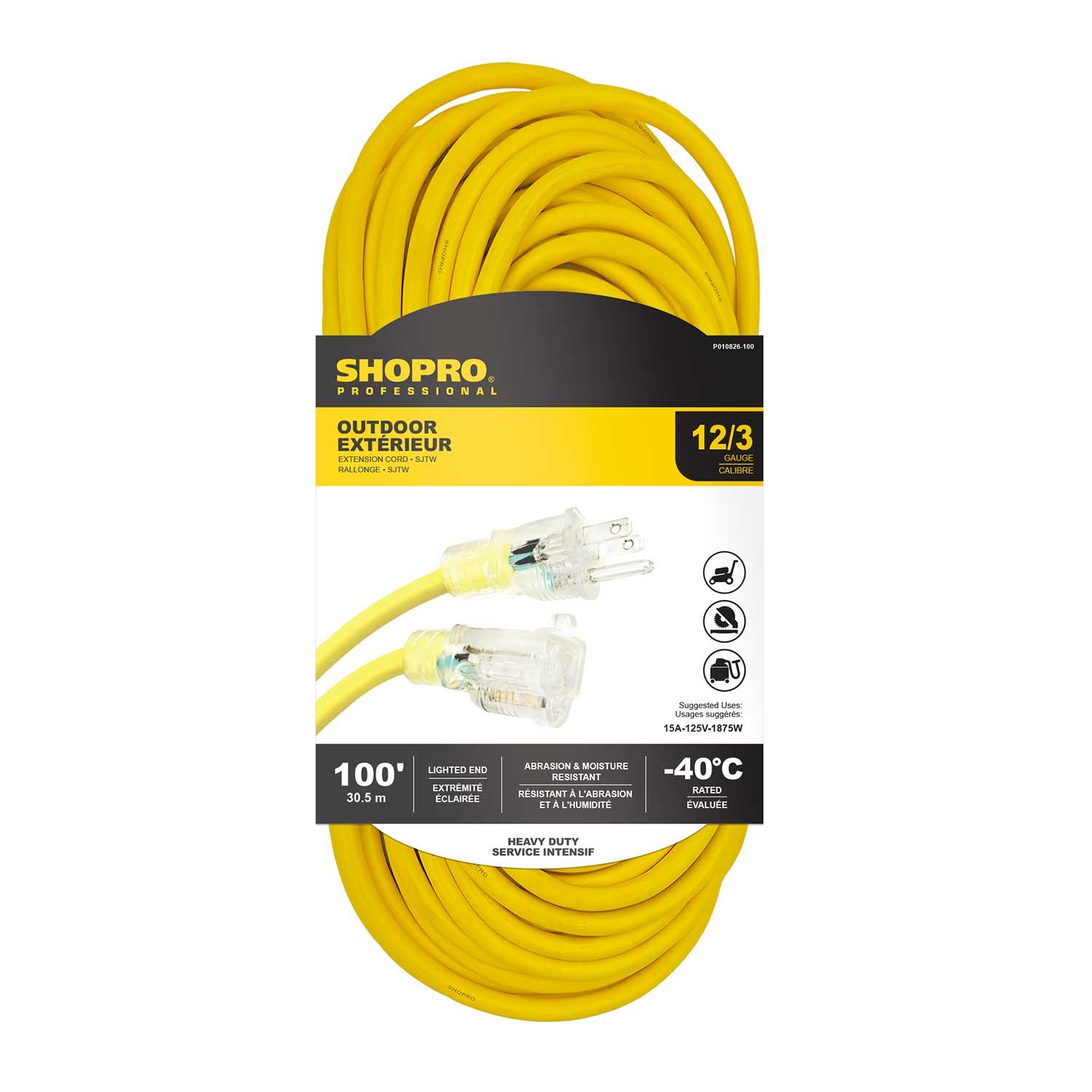 12/3 SJTW 100' Lit End Outdoor Extension Cord Yellow