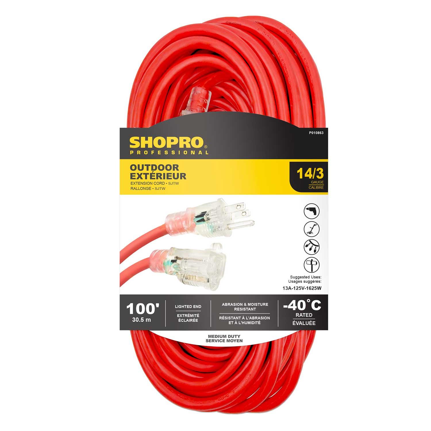 Rallonge extérieure 14/3 SJTW 100' embout lumineux rouge