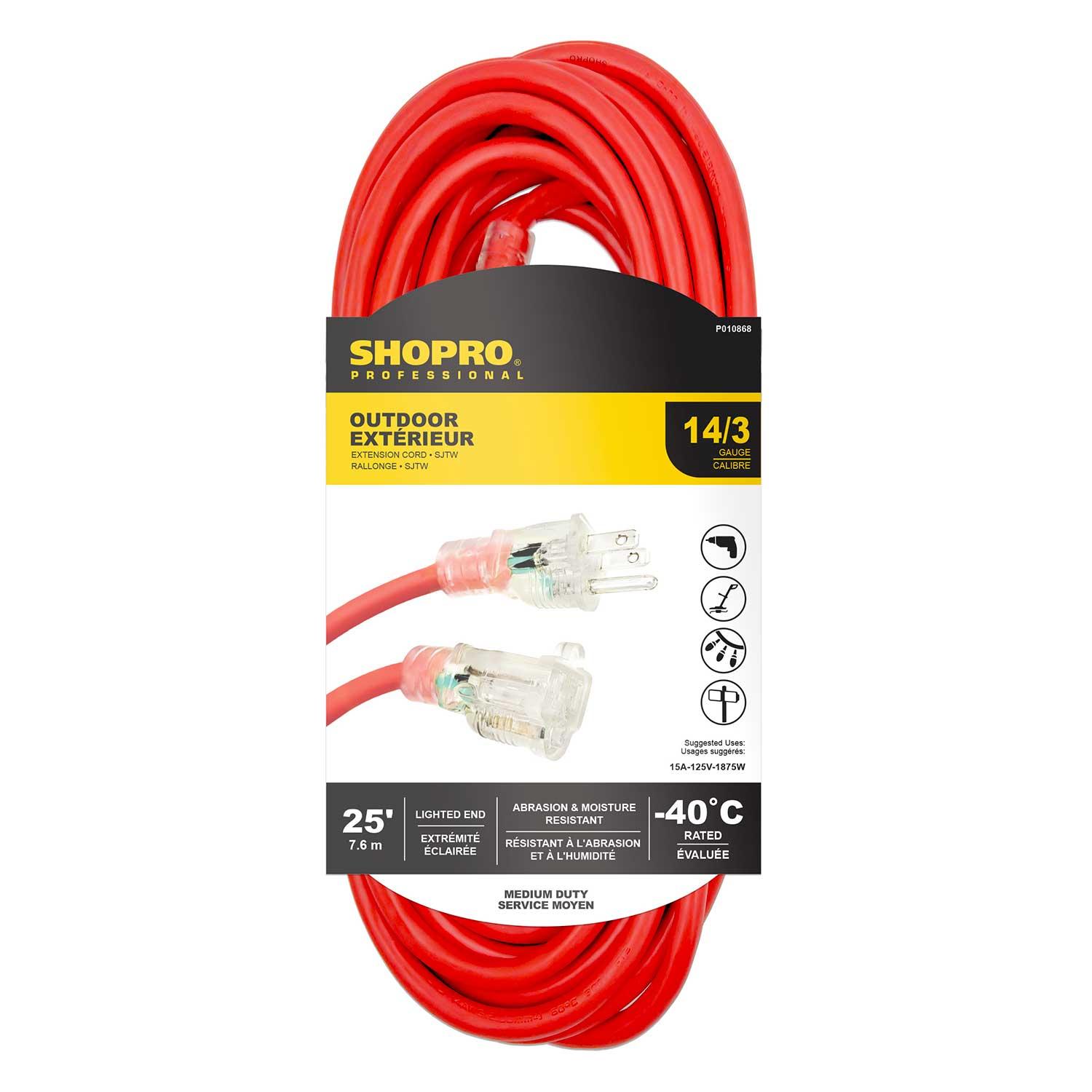 Rallonge extérieure 14/3 SJTW 25' embout lumineux rouge
