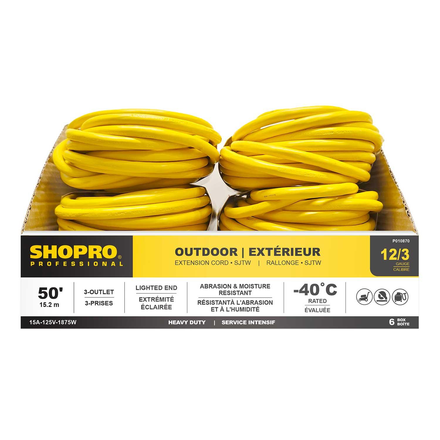 Rallonge extérieure 12/3 3 prises 50' embout lumineux jaune