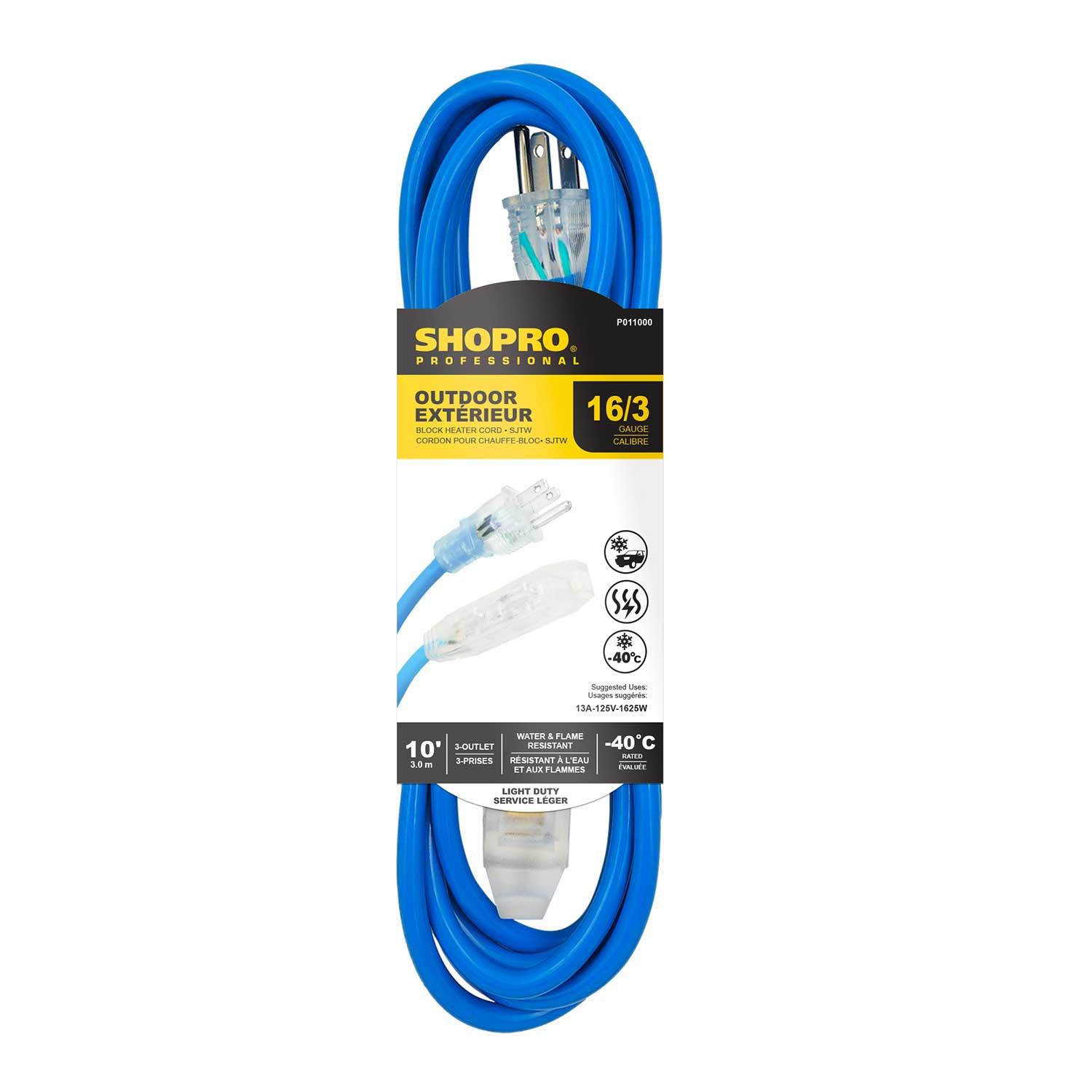 Rallonge extérieure 16/3 3 prises 10' embout lumineux bleu