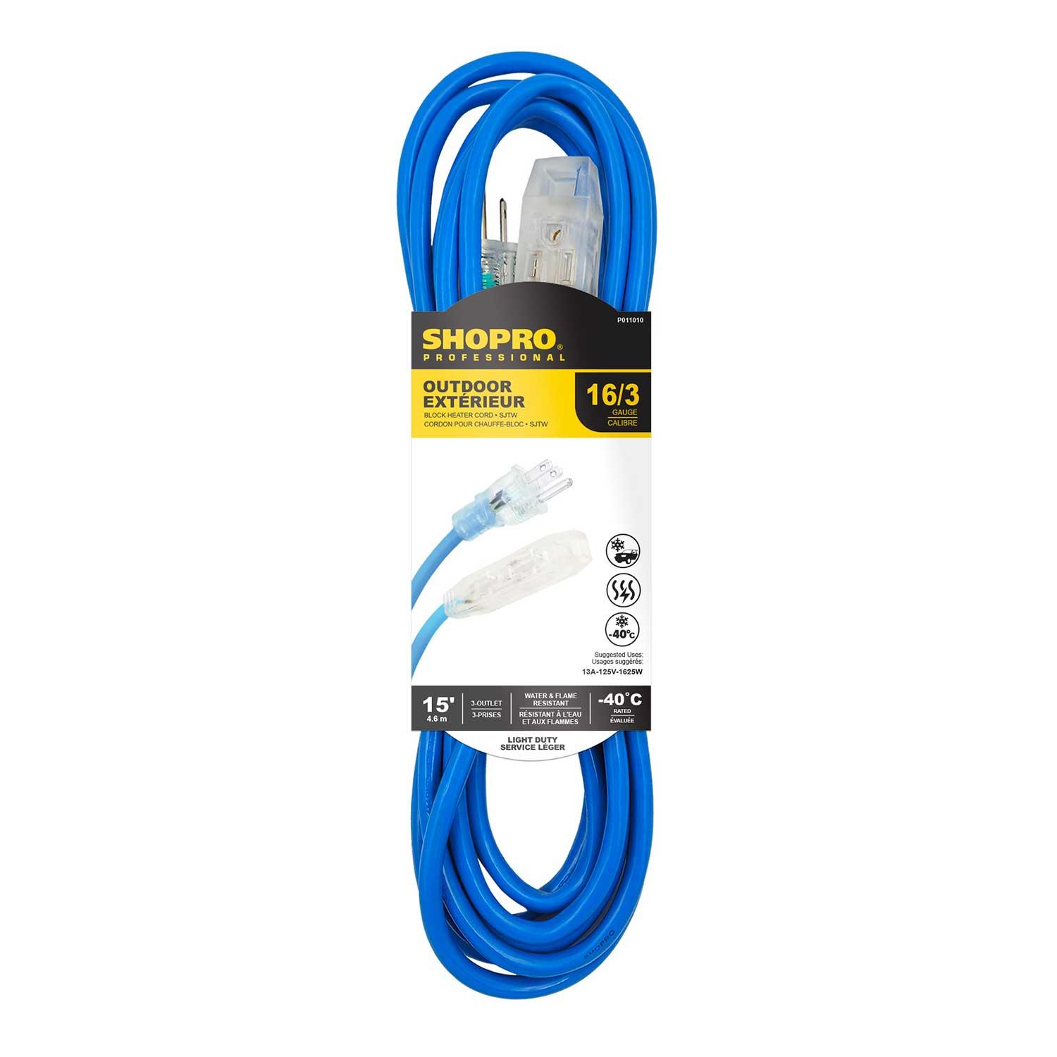 Rallonge extérieure 16/3 3 prises 15' embout lumineux bleu