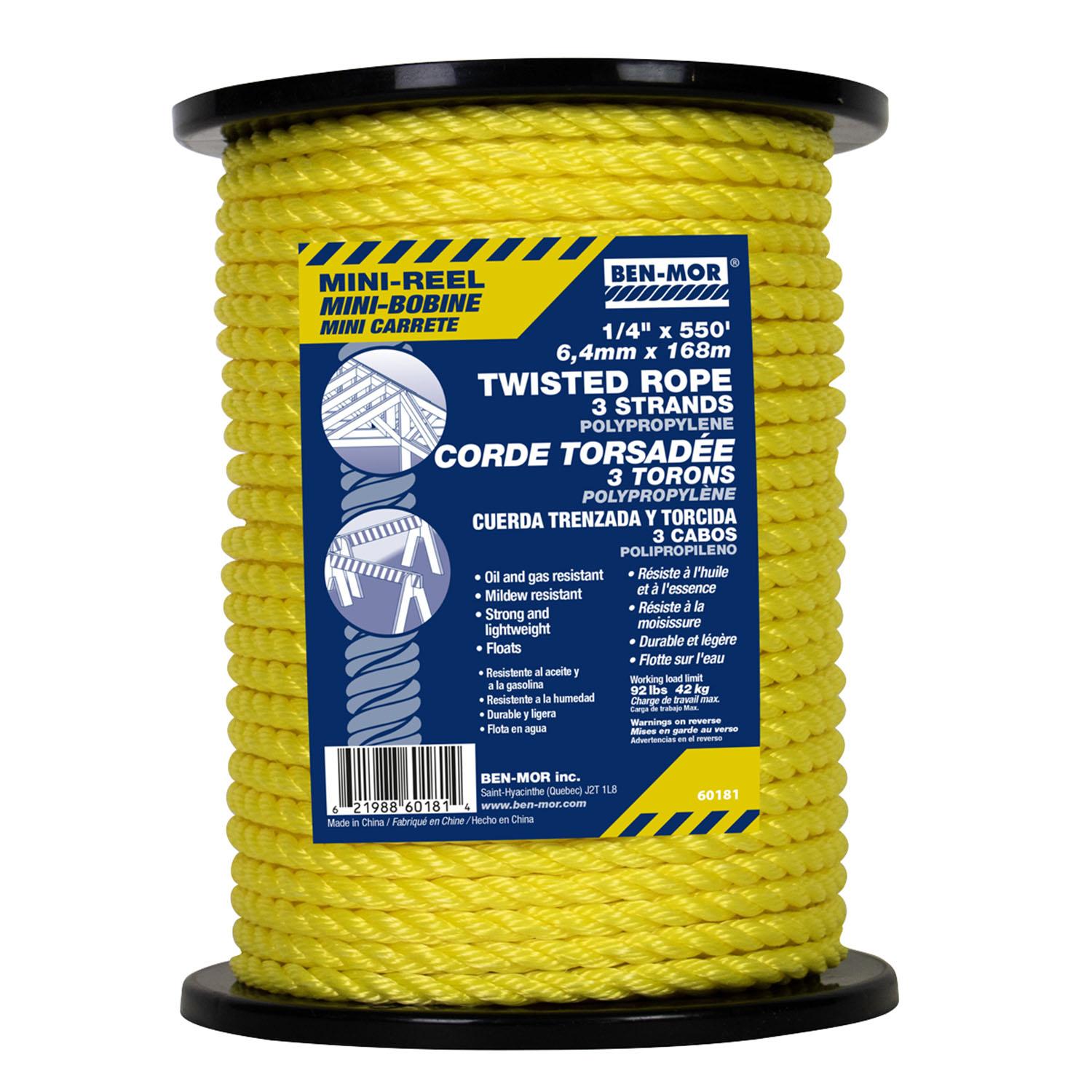 Twisted 3-Strand Polypropylene Rope Yellow 1/4" x 550'