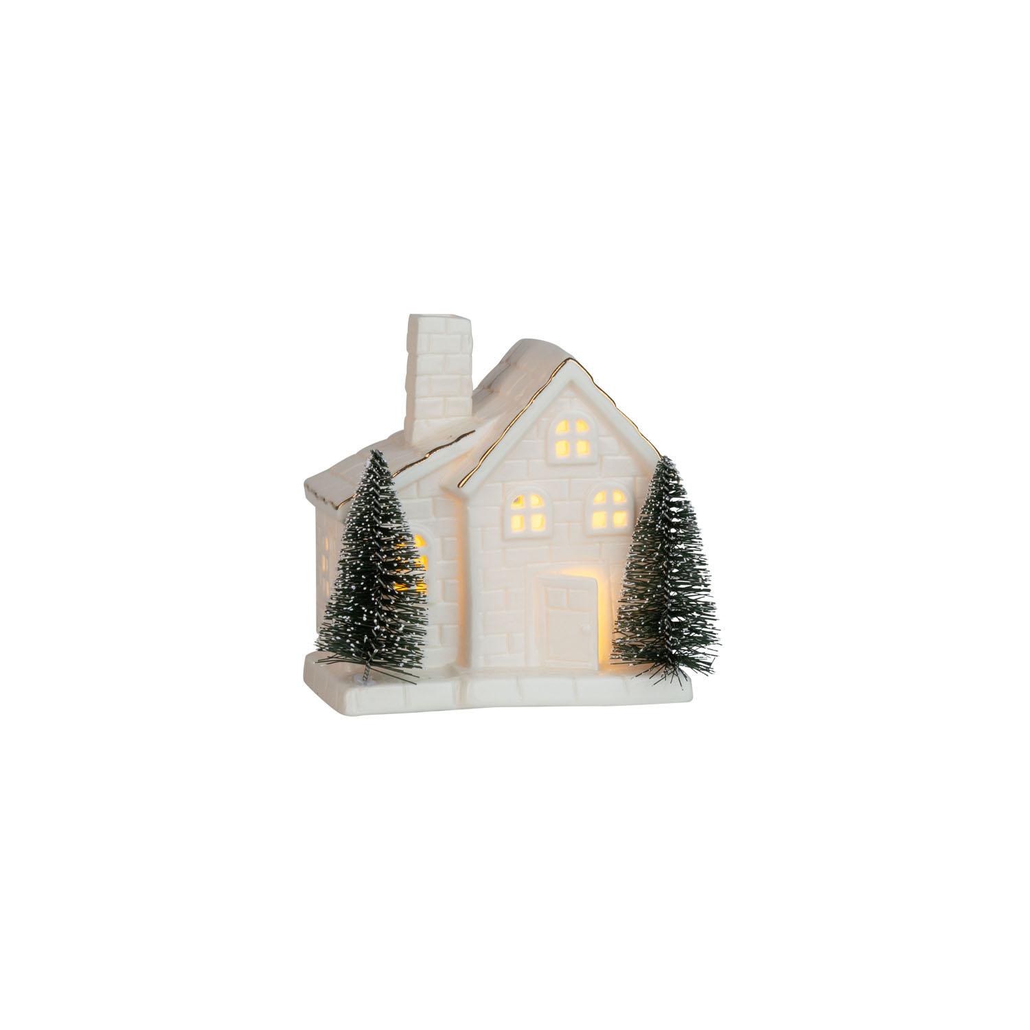 Ceramic White House With Green Bristle Trees
 Table Piece