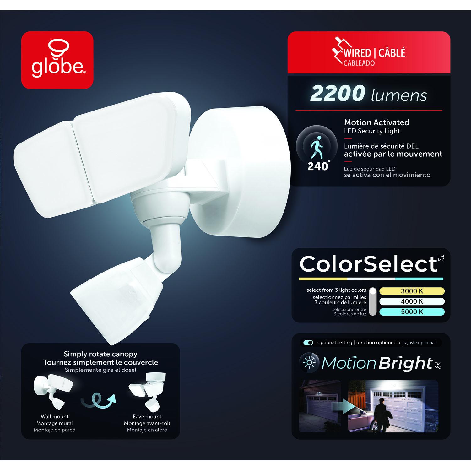 Wired Motion LED Security Light, Twin Head, White Plastic