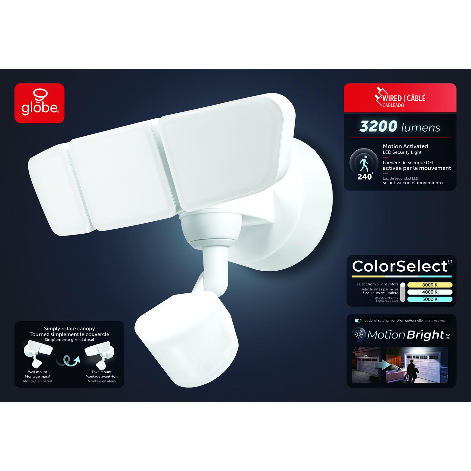 Wired Motion LED Security Light, Triple Head, White Plastic