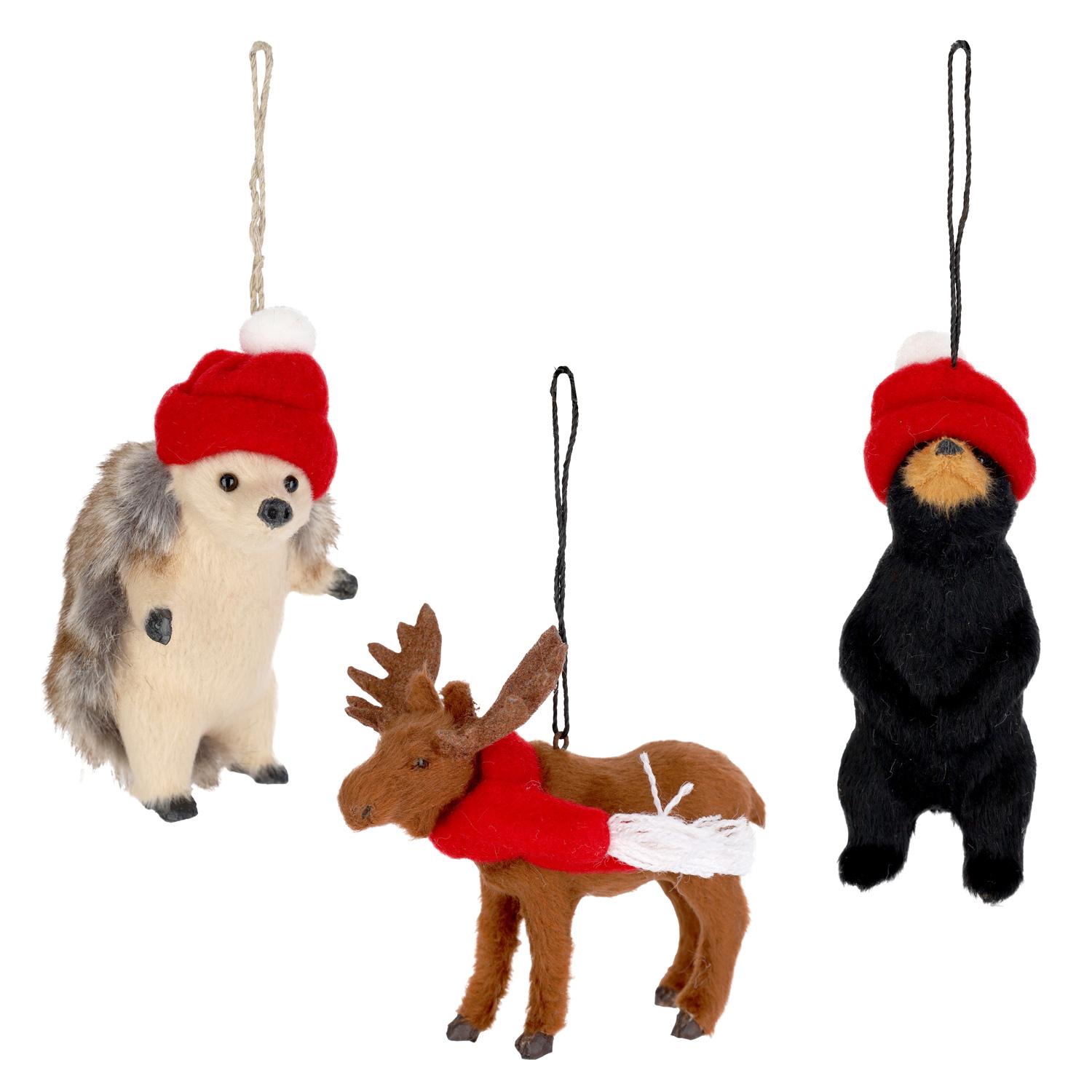 Furry Animal With Santa Hat Hanging Ornament 3 Assorted