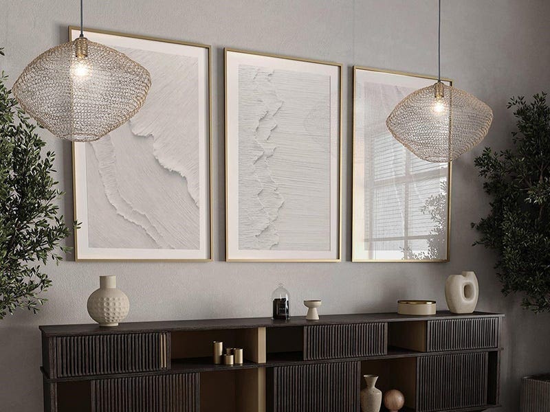 Minimalist dining area with two woven pendant ceiling lights