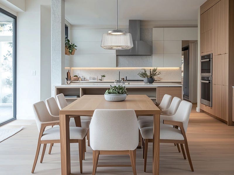 Contemporary kitchen-dining area with a pleated pendant ceiling light
