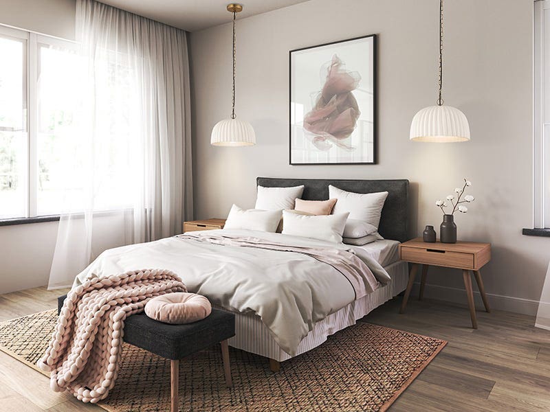 Modern bedroom with two pendant ceiling lights above nightstands