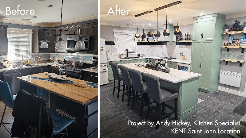 Visual comparison of a kitchen transformation, featuring a modern design with improved storage and stylish finishes.