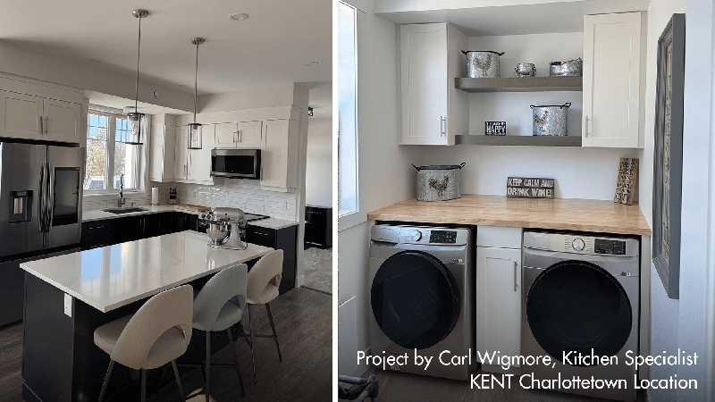 Two views of a kitchen equipped with a washer and dryer, highlighting a blend of utility and contemporary design.