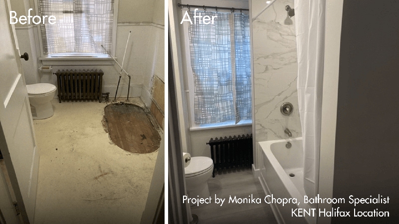 Visual comparison of a bathroom's transformation, highlighting the changes made during the remodel process.