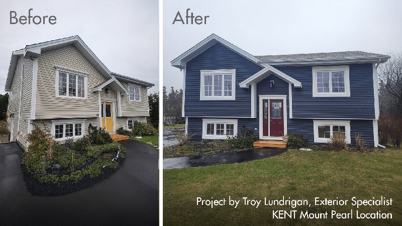 Side-by-side comparison of a home's exterior before and after renovation, featuring a transformation from beige siding to dark blue siding with white trim and a redesigned front entrance