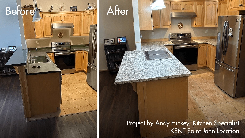 Side-by-side comparison of a kitchen before and after a remodel, showcasing updated cabinetry and modern appliances.