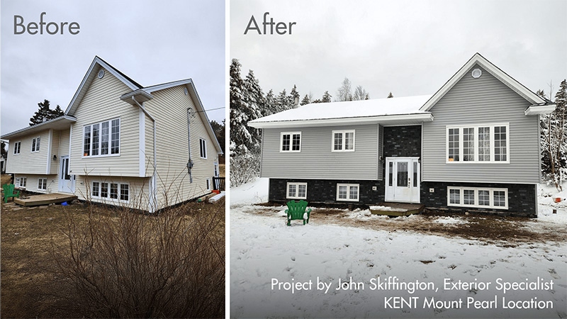 Side-by-side winter photos of a house, illustrating the transformation in snow and overall look from before to after.