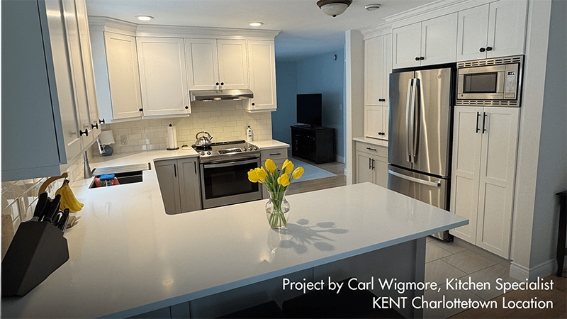 A modern kitchen featuring white cabinets and sleek stainless steel appliances.