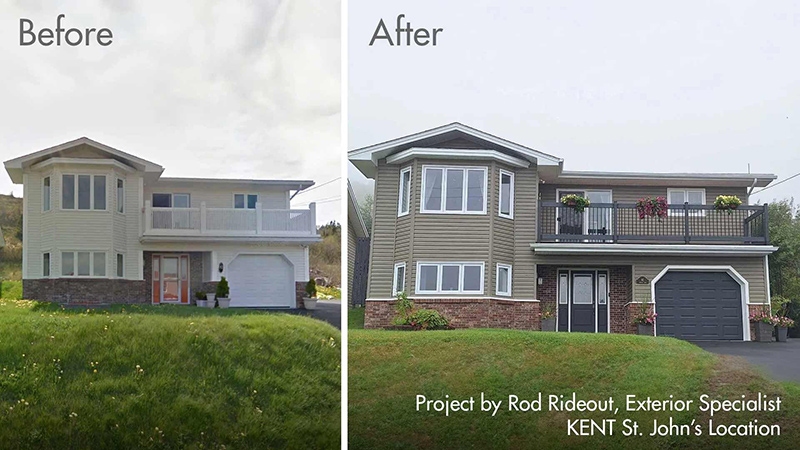 Before and after photos showcasing a house renovation, highlighting significant improvements in design and curb appeal.